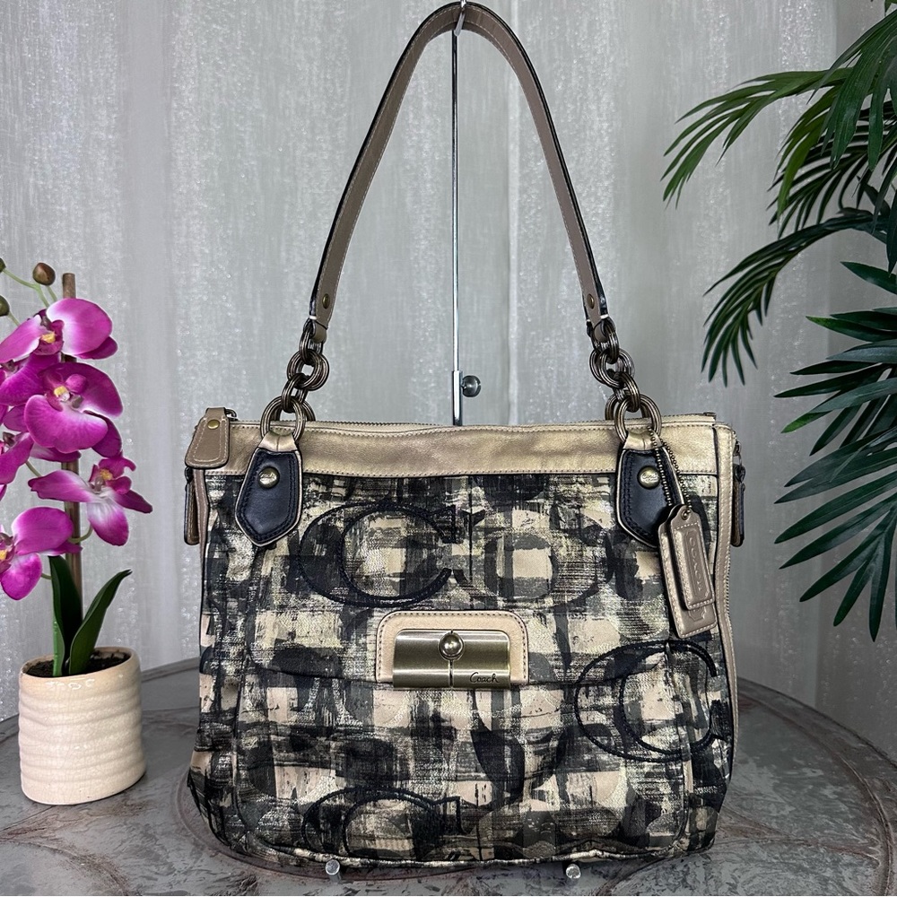 Coach Kristin Embroidered Plaid Signature C Zip Top Tote 18259 Black/Gold